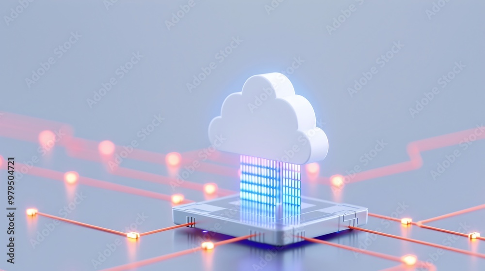 Poster modern cloud computing concept with a 3d cloud symbol and glowing circuits. ideal for technology and