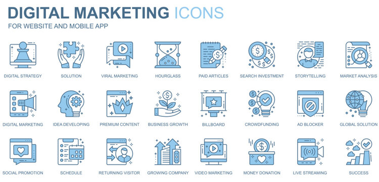 Digital marketing web icons set in duotone line design. Pack of strategy, solution, hourglass, paid article, search investment, storytelling, idea, other outline stroke pictograms. Vector illustration