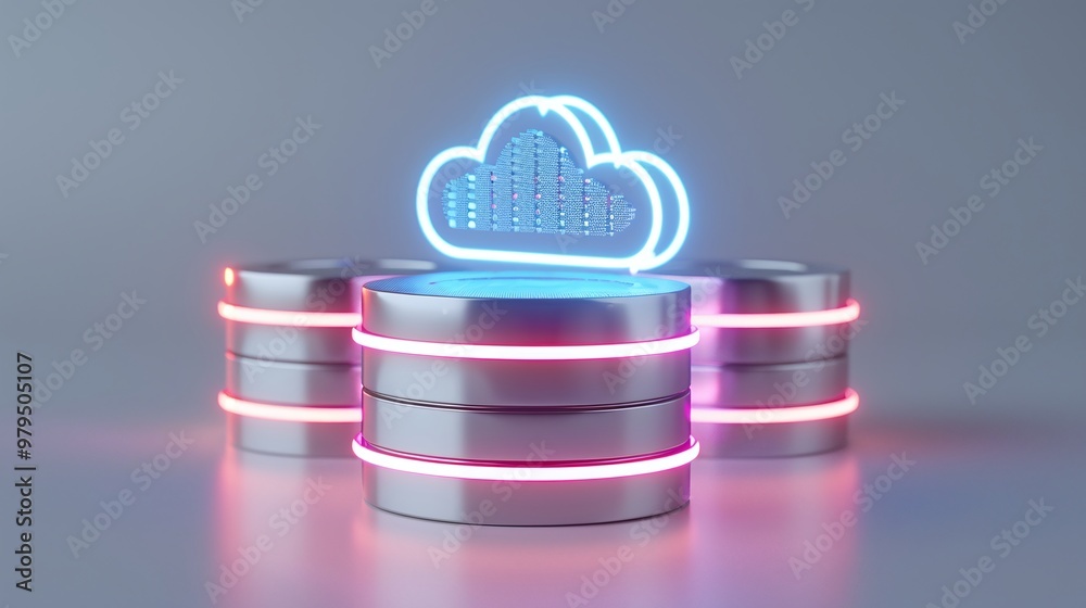 Poster modern cloud computing concept with glowing cloud and data storage, symbolizing technology and data 