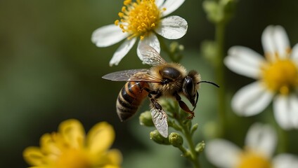 Bee collecting nectar from a small yellow flower.