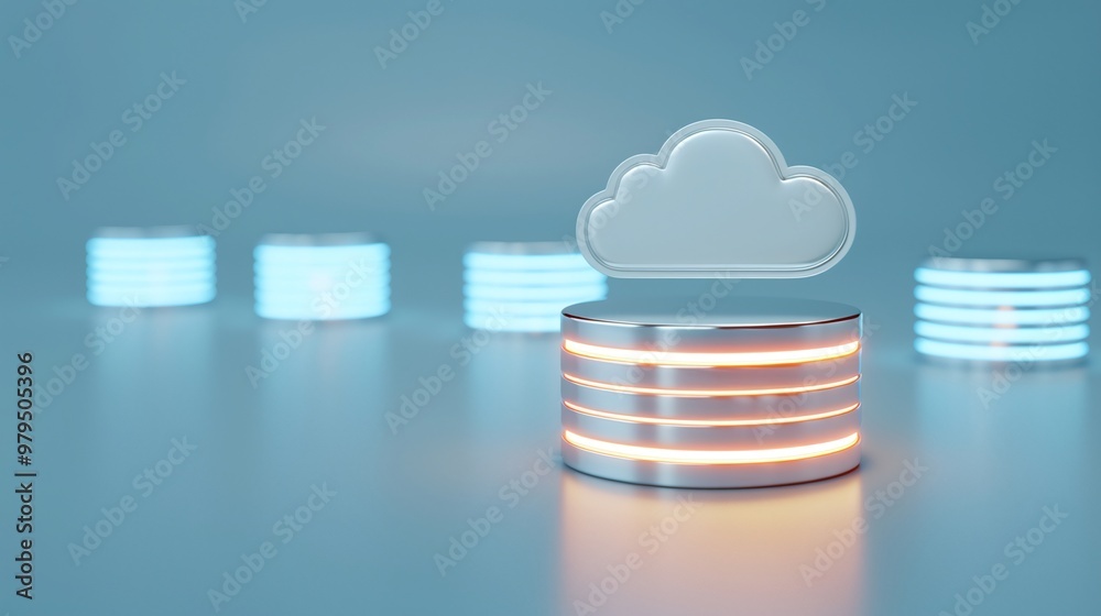Poster modern cloud computing concept with glowing data storage and cloud symbol, representing digital data