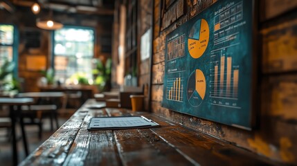 A wooden table in a cafe with a clipboard and a wall of charts and graphs.