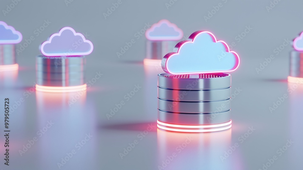 Poster modern cloud computing concept with neon clouds and data stacks, representing digital storage and te