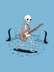 A skeleton playing an electric guitar in a graveyard concert, illustration