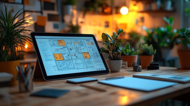 Close-up of a tablet showing a website prototype with drag-and-drop features, interactive design tools, user experience testing