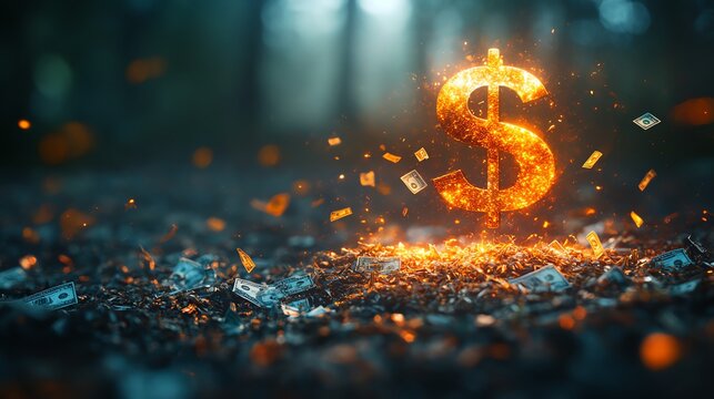 Concept of falling interest rates with a wilting money tree and descending dollar signs