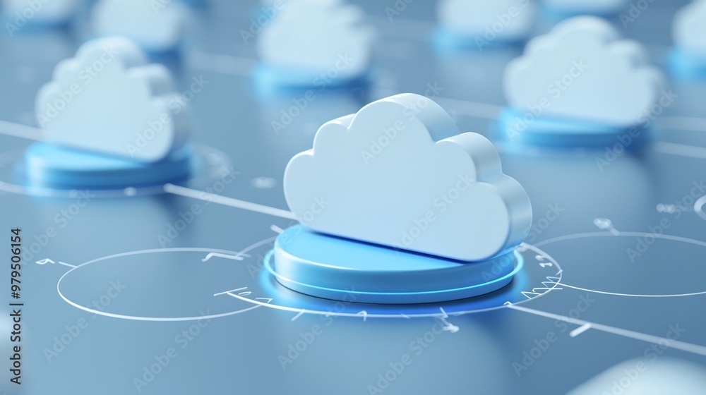 Poster modern cloud computing illustration with multiple clouds and network connections, representing digit