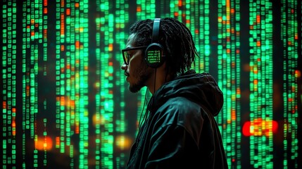 Developer writing HTML code with a green matrix-style background, hacker-like aesthetic, advanced coding scene