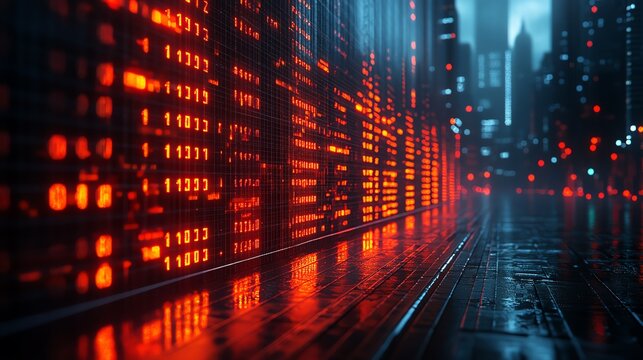 A futuristic cityscape with glowing red numbers on buildings, reflecting in the wet street.