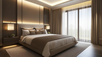 contemporary cozy bedroom interior with pastel brown tones and large double bed ai generated hotel room