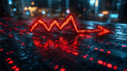 Red arrow pointing down, symbolizing decline or recession on a tech background.