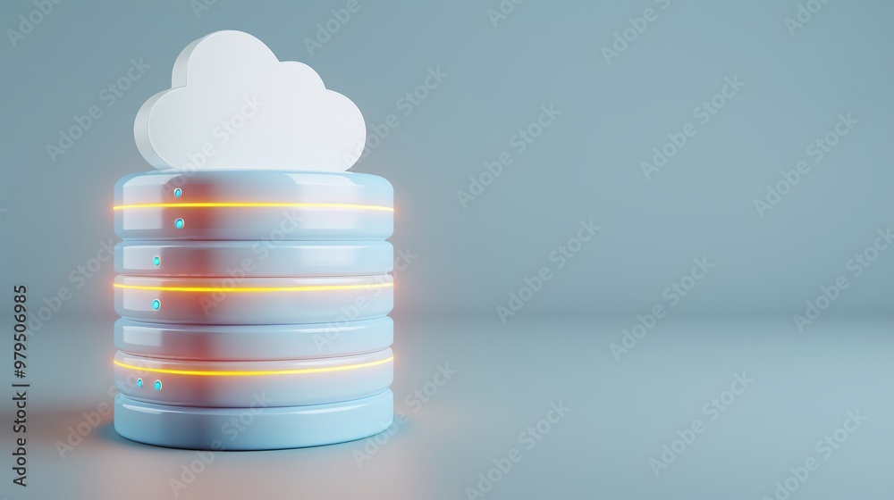 Poster modern cloud storage concept with blue database and floating cloud symbol, representing digital data