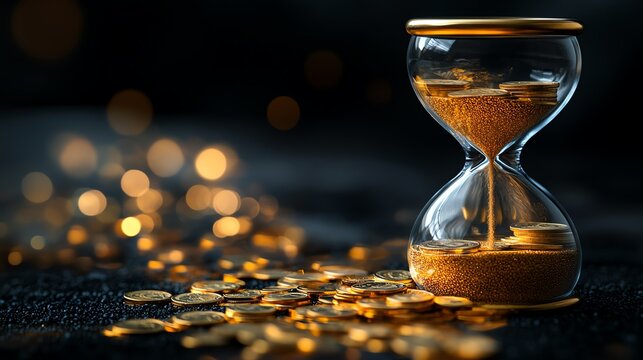 Hourglass with falling coins and a descending interest rate line, time and money metaphor