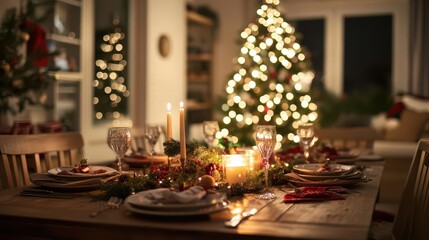 cozy holiday dining scene rustic wooden table with festive place settings warm candlelight blurred christmas tree twinkling in background inviting atmosphere