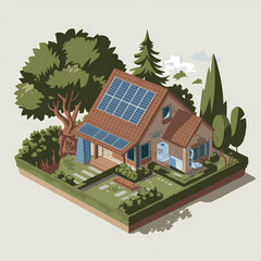 A solar-powered house with energy-efficient appliances, surrounded by a lush garden and trees, graffiti illustration