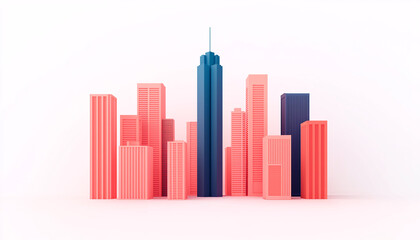 Fototapeta premium A vibrant city skyline featuring colorful skyscrapers in pink and blue against a clean white background. Ideal for modern design projects.