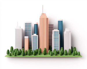 Fototapeta premium A vibrant city skyline featuring diverse buildings surrounded by greenery, representing modern urban development and architecture.