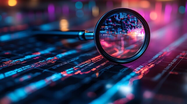 Magnifying glass over a falling interest rate chart, detailed analysis of economic trends