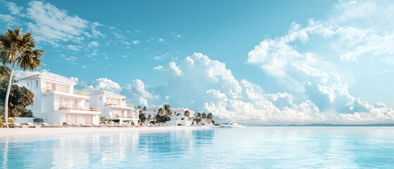 Naklejka premium Serene beach scene featuring a luxurious white villa, clear blue water, and fluffy clouds under a bright sky.