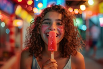 Lively and serene her vibrant essence brings summer to life. Youthful charm is captured radiant glow of girl's candid moment. Ice cream makes this child's day.