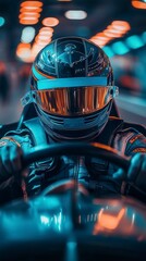 Kart driver wearing helmet and looking forward in indoor track