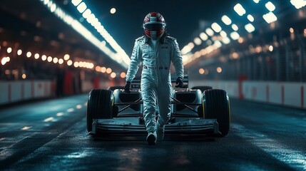 Obraz premium Formula one driver walking away from race car on track at night