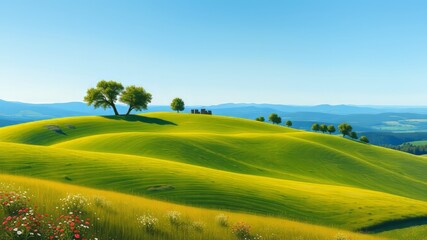 Fototapeta premium Serene rolling hills with lush green pastures, dotted with wildflowers and ancient trees, stretch towards the horizon