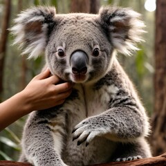 Obraz premium hand gently touching a koala, surrounded by lush greenery, creates a peaceful connection between humans and animals