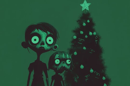 Children decorating a satanic scary horror style christmas tree in a Demonic horror style.