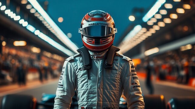 Formula one driver standing in pit lane with blurred mechanics in background