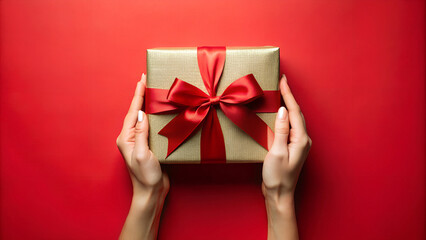 ...Beautiful female hands holding box with red bow on red background. Festive top view.