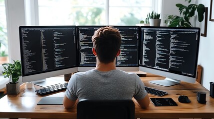 Programmer integrating API with website on a dual monitor setup, efficient web development process, advanced coding
