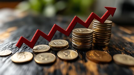 Stack of coins with a red downward arrow, illustrating the effect of falling interest rates on savings