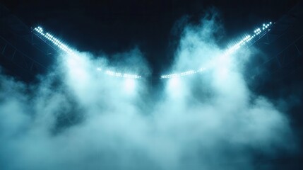 dramatic stadium floodlights piercing night sky beams cut through billowing smoke creating ethereal atmosphere empty arena anticipates thrilling event stark contrast between light and darkness
