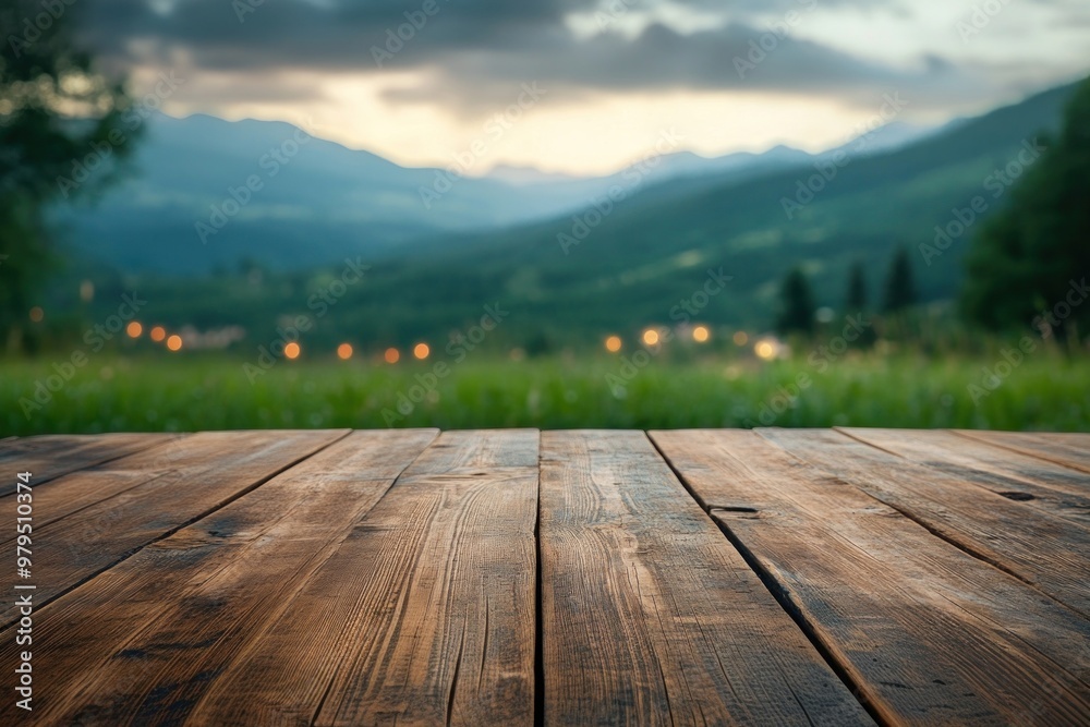 Sticker wooden table with a blurred background landscape wood architecture.