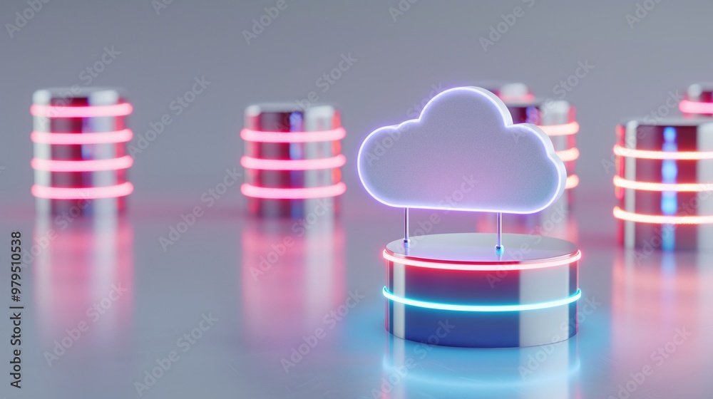 Sticker stylish cloud icon above modern data storage with neon lit cylinders, representing innovative techno