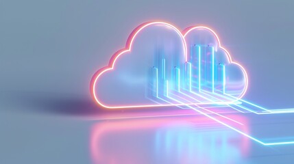 Stylish cloud graphic with neon elements, symbolizing data transfer and digital storage in a modern tech environment.