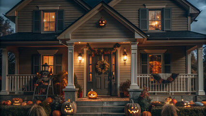 Beautiful house decorated for Halloween. Scary country house decor for Halloween.
