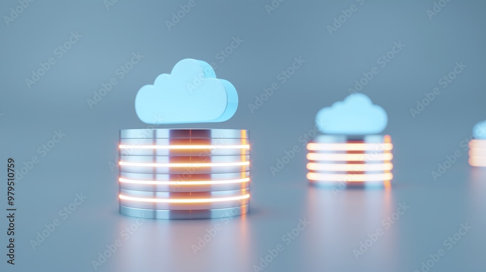 Poster stylish cloud icon on metallic data stack, representing modern cloud computing and data storage solu