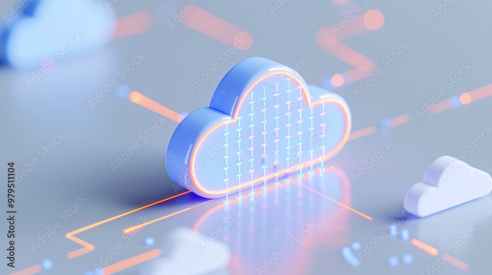 Poster stylish cloud icon with glowing lines, representing cloud computing and data storage in a modern dig