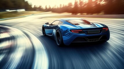 dynamic rear view of sleek blue sports car speeding around curved racetrack leaving motion blur trail in its wake