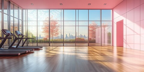 modern pink gym room interior design with elegant wooden floor and luxury glass wall with beautiful background 