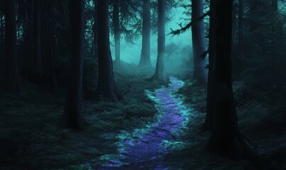 Fototapeta premium The path in the forest has a light at the end of the tunnel in the middle of the forest. Generative stock.