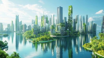 Fototapeta premium ecofriendly futuristic city on tropical coast green utopian metropolis concept 3d illustration with vibrant colors and stunning detail