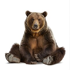 Fototapeta premium Grizzly Bear Sitting Calmly with Front Paws Resting on the Ground, Isolated on a White Background with Detailed Fur and Natural Lighting
