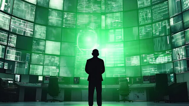 Silhouette of a person in front of multiple green data screens in a futuristic control room representing digital analysis