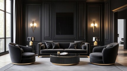 elegant black sofa and armchairs in modern art deco living room with classic paneling interior design