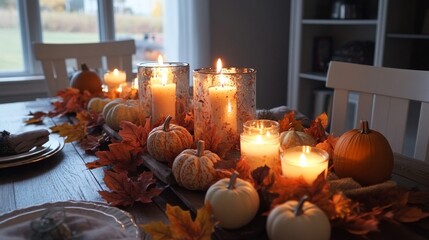 Autumnal Table Setting with Candles and Pumpkins