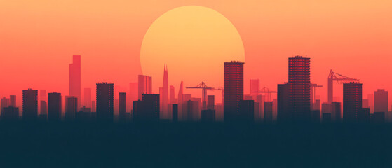 Fototapeta premium Silhouette of a city skyline at sunset, featuring buildings and cranes against a vibrant orange and pink sky.