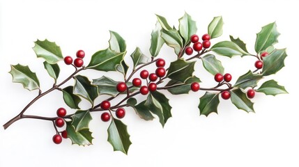 Obraz premium elegant sprig of european holly with glossy green leaves and bright red berries set against a crisp white background